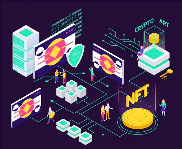 isometric composition with flowchart wires pointing computers paintings illustration 1284 64677