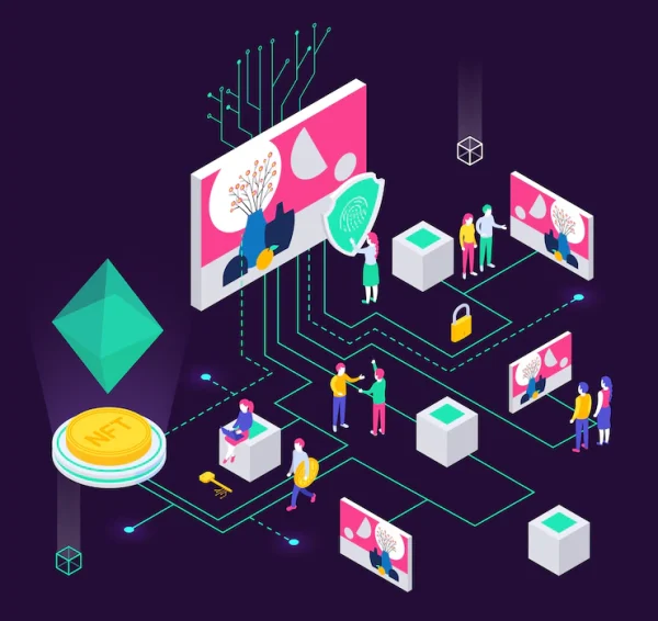 isometric composition with human characters holographic objects connected with lines illustration 1284 64679